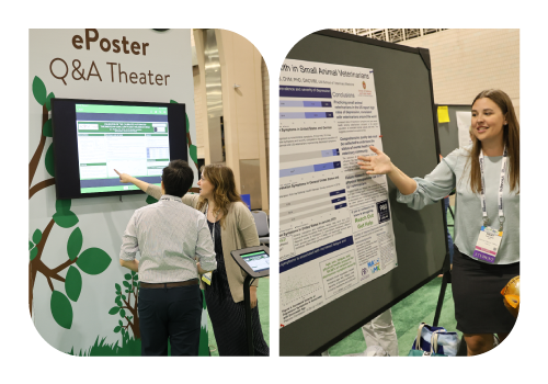 split photo of an eposter presenter and a physical poster presenter