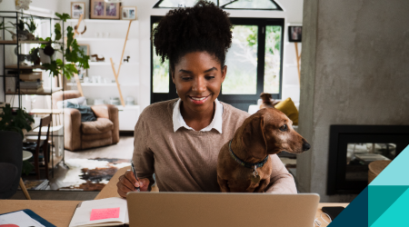 Woman with dog learning virtually