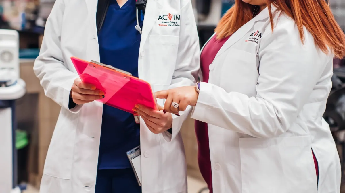 Two veterinarians in lab coats pointing to clipboard