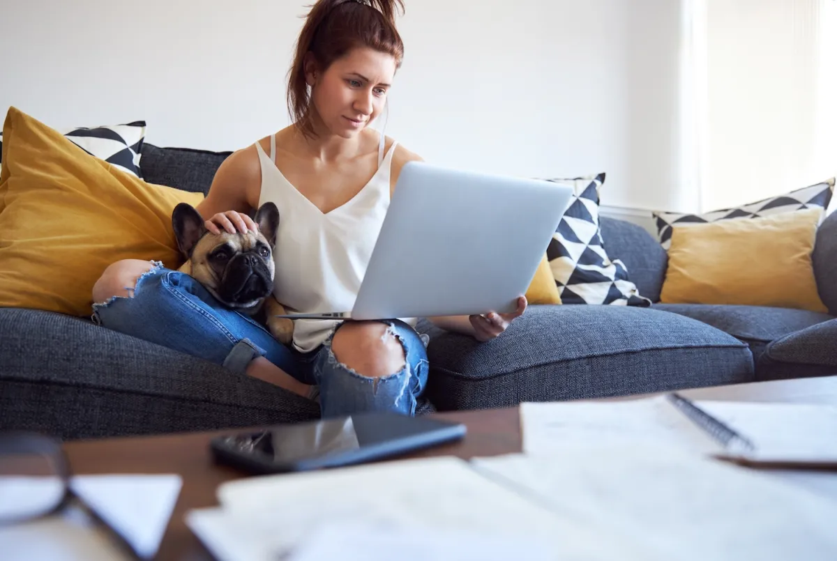 lady on a laptop on the couch with a dog