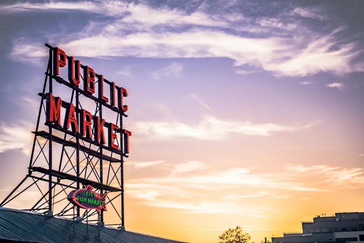 Public Market sign against sunset