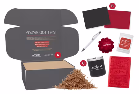 Candidate Welcome Box featuring a mug, notecard, stress ball, notebook and more