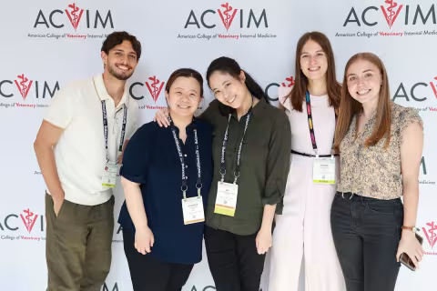 5 people posing in front of ACVIM step and repeat